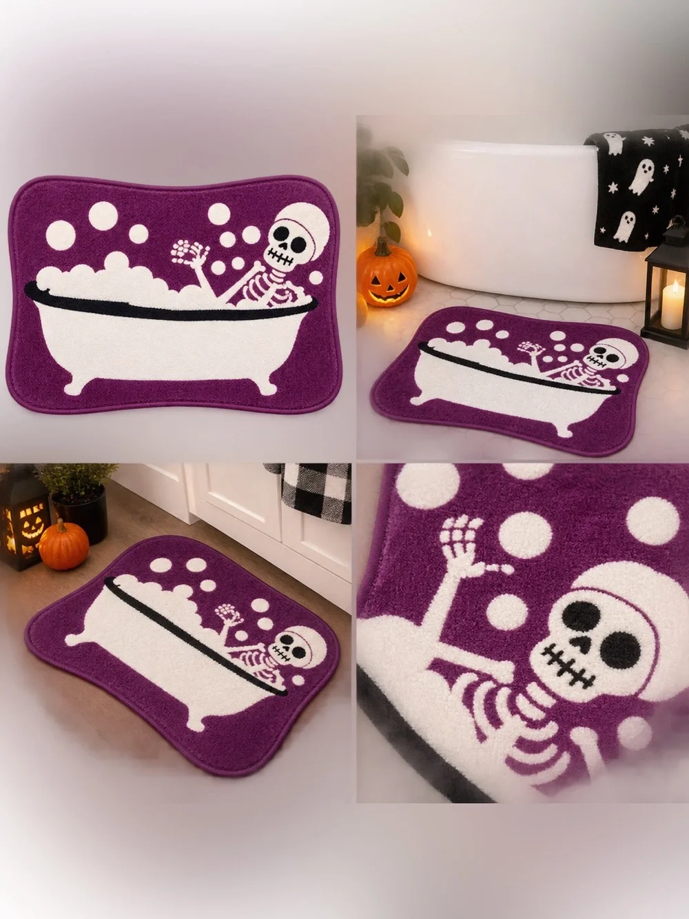 Halloween Skeleton Bath Mat, Halloween Bat Mat